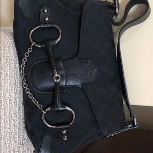 Gucci black fabric and leather trim and strap bag